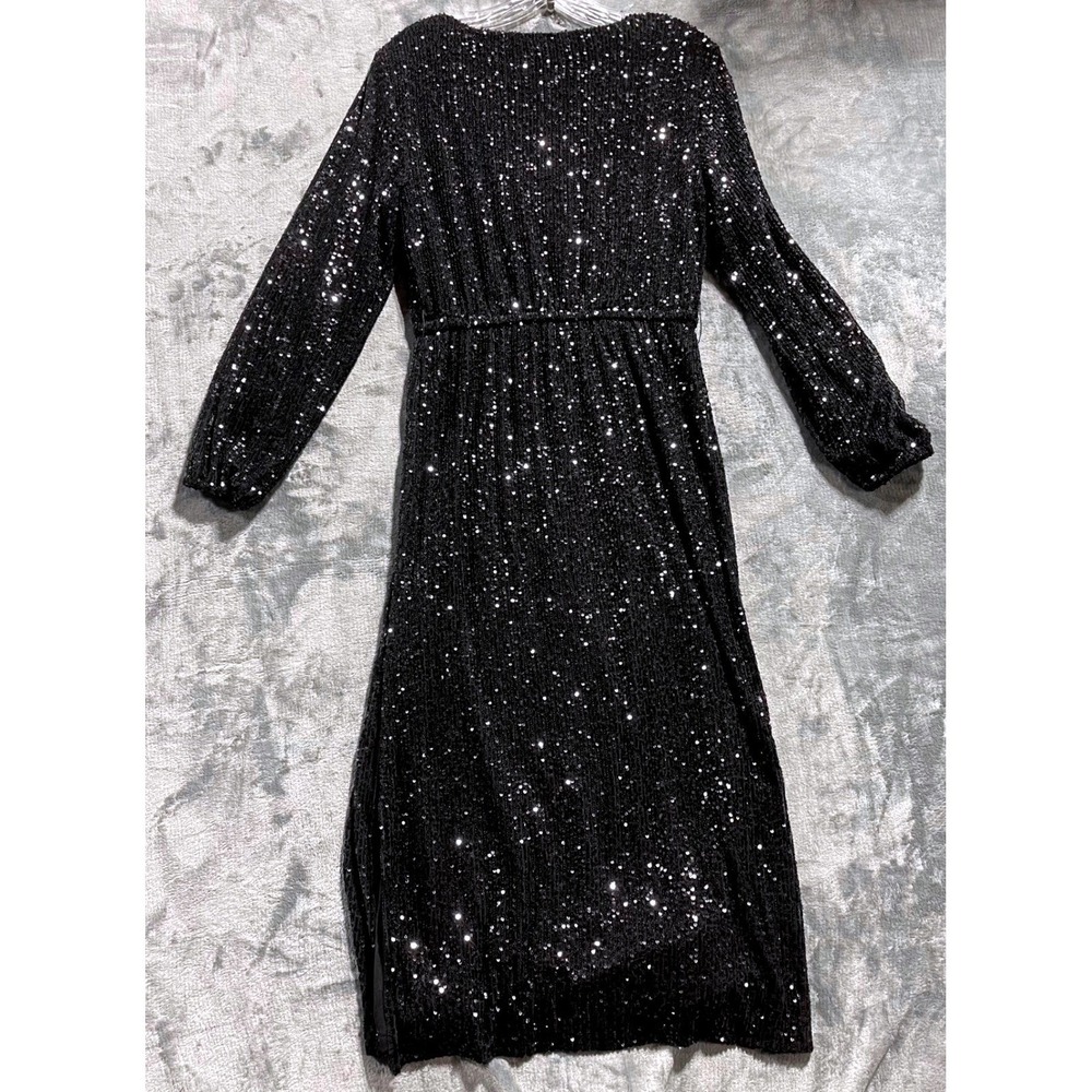Betsey Johnson Sequin Midi Dress Womens Small Black V-Neck LS Glam Disco - Picture 2 of 8